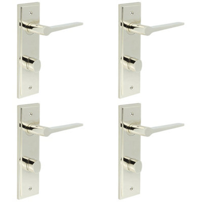 4 PACK Polished Nickel Bathroom Door Handle with Backplate and Turn Release - Solid Brass Interior WC Handle