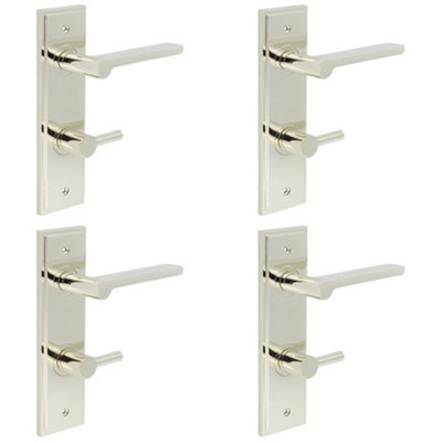 4 PACK Polished Nickel Bathroom Door Handle with Backplate and Turn Release - Solid Brass Internal Handle