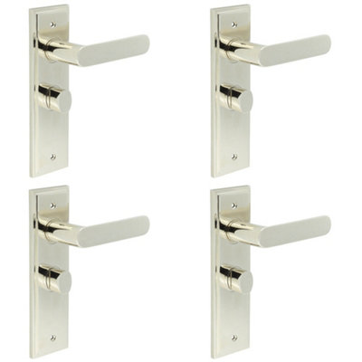 4 PACK Polished Nickel Bathroom Door Handle with Backplate and Turn Release - Solid Brass Toilet Handle