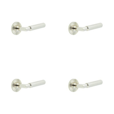 4 PACK Polished Nickel Door Handle on Reeded Rose for Luxury Interiors - Solid Brass Interior Handle