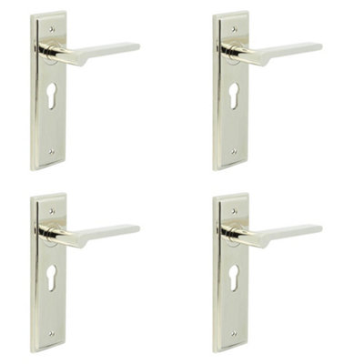 4 PACK Polished Nickel Door Handle with Euro Backplate - Solid Brass Interior Handle