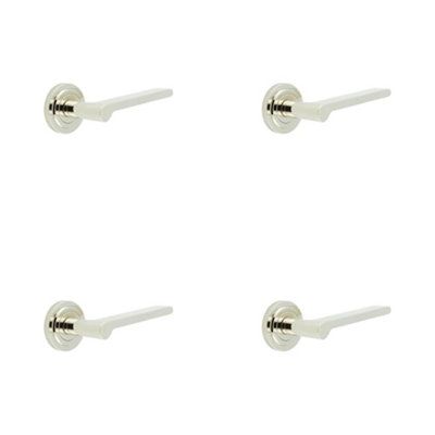 4 PACK Polished Nickel Door Handle with Stepped Rose Design - Solid Brass Interior Handle
