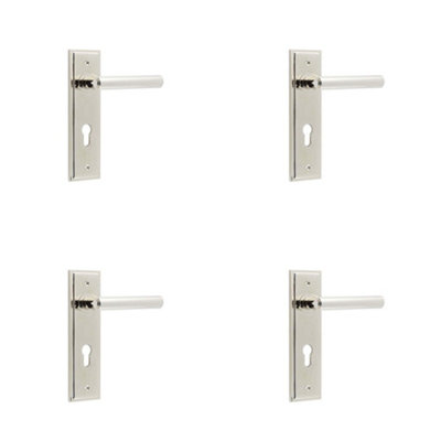 4 PACK Polished Nickel Euro Backplate Door Handle - Elegant Solid Brass Lever - Solid Brass Interior Lever