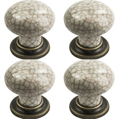 4 PACK - Porcelain Mushroom Cupboard Door Knob 36mm Dia - Antique Brass & Ivory Glaze