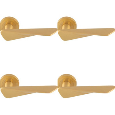 4 PACK - Premium Angle Twist Door Handle Set - Satin Brass Designer Lever on Round Rose