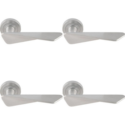 4 PACK - Premium Angle Twist Door Handle Set - Satin Chrome Designer Lever on Round Rose