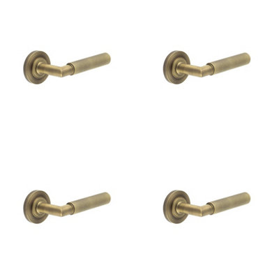 4 PACK Premium Antique Brass Door Handle with Reeded Rose Design - Solid Brass Interior Handle