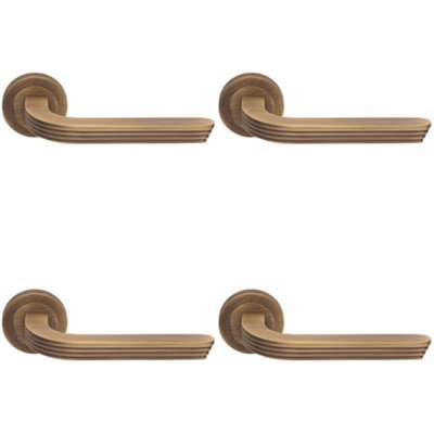 4 PACK - Premium Art Deco Door Handle Set - Antique Brass Reeded Lever on Round Rose