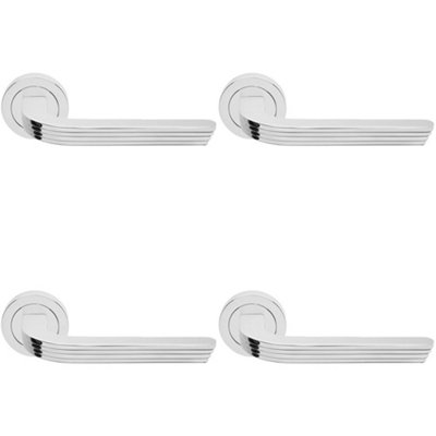 4 PACK - Premium Art Deco Door Handle Set - Polished Chrome Reeded Lever on Round Rose