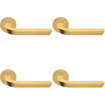 4 PACK - Premium Art Deco Door Handle Set - Satin Brass Reeded Lever on Round Rose