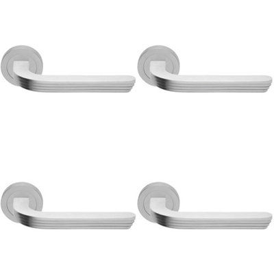4 PACK - Premium Art Deco Door Handle Set - Satin Chrome Reeded Lever on Round Rose