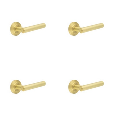 4 PACK Premium Chamfered Rose Door Handle in Satin Brass Finish - Solid Brass Interior Handle
