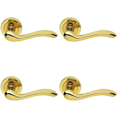 4 PACK - Premium Concealed Door Handle Set - Polished Brass Lever on Round Rose Scroll