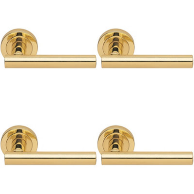 4 PACK - Premium Concealed Door Handle Set - Polished Brass Straight Lever on Round Rose
