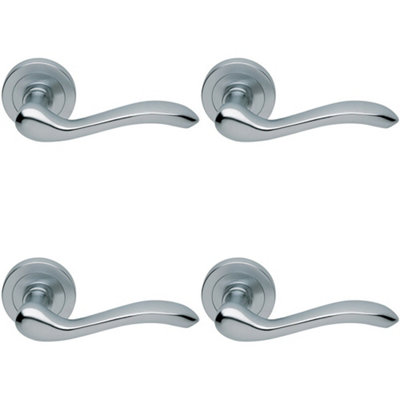 4 PACK - Premium Concealed Door Handle Set - Satin Chrome Lever on Round Rose Scroll