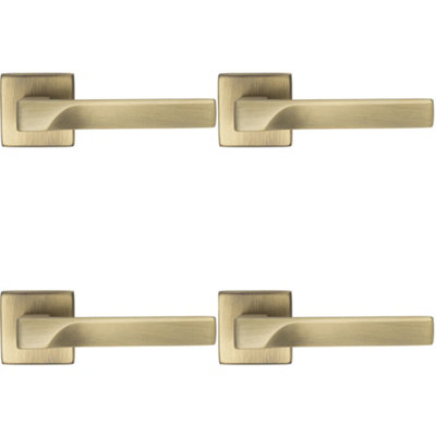 4 PACK - Premium Contoured Door Handle Set - Antique Brass Sleek Lever on Square Rose