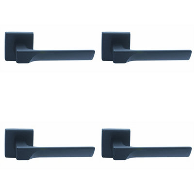 4 PACK - Premium Contoured Door Handle Set - Matt Black Sleek Lever on Square Rose