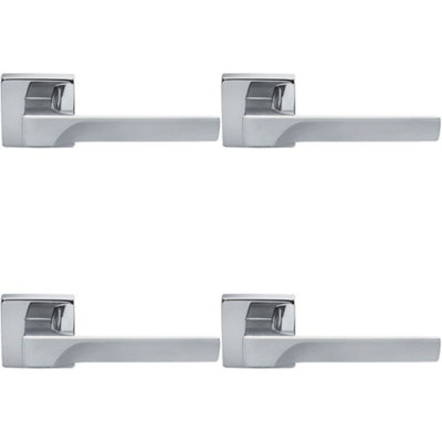 4 PACK - Premium Contoured Door Handle Set - Polished Chrome Sleek Lever on Square Rose