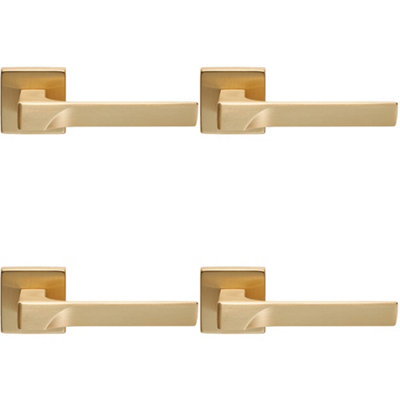 4 PACK - Premium Contoured Door Handle Set - Satin Brass Sleek Lever on Square Rose