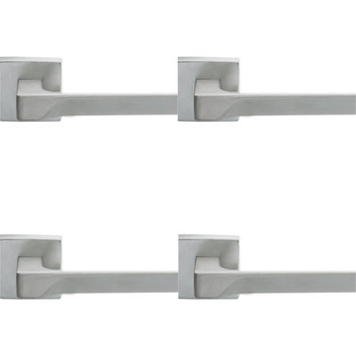 4 PACK - Premium Contoured Door Handle Set - Satin Chrome Sleek Lever on Square Rose