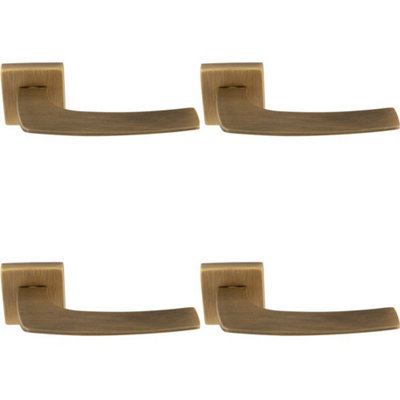4 PACK - Premium Curved Slim Door Handle Set - Antique Brass Plain Lever on Square Rose
