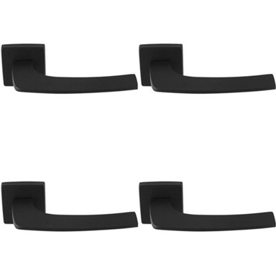 4 PACK - Premium Curved Slim Door Handle Set - Matt Black Plain Lever on Square Rose