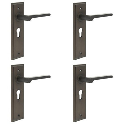 4 PACK Premium Dark Bronze Door Handle with Euro Backplate - Solid Brass Interior Handle