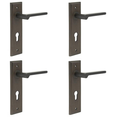 4 PACK Premium - Dark Bronze Door Handle with Euro Backplate - Solid Brass Interior Handle