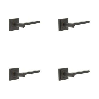 4 PACK Premium Dark Bronze Square Door Handle with Stepped Rose Design - Solid Brass Interior Handle
