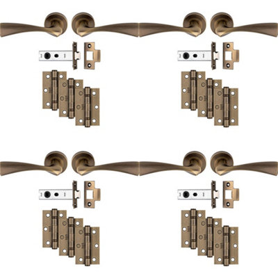 4 PACK - Premium Door Handle & Latch Pack Set- Antique Brass Curved Flair Lever Round Rose