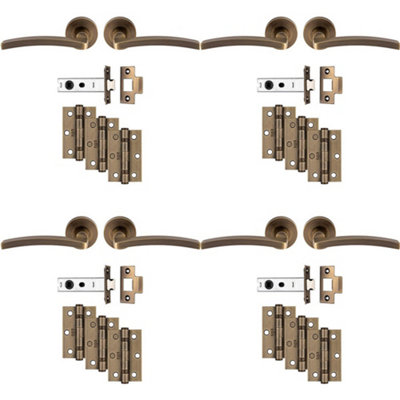 4 PACK - Premium Door Handle & Latch Pack Set- Antique Brass Slim Curved Lever Round Rose