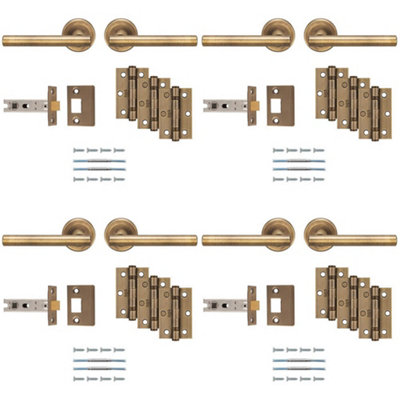4 PACK Premium Door Handle & Latch Pack Set- Antique Brass Straight Bar Lever Round Rose