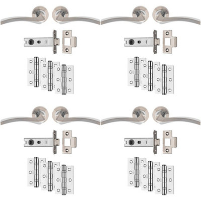 4 PACK - Premium Door Handle & Latch Pack Set- Chrome Curved Square Lever Round Rose