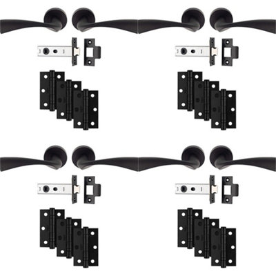 4 PACK - Premium Door Handle & Latch Pack Set- Matt Black Curved Flair Lever Round Rose