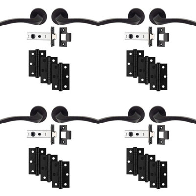 4 PACK - Premium Door Handle & Latch Pack Set- Matt Black Curved Square Lever Round Rose