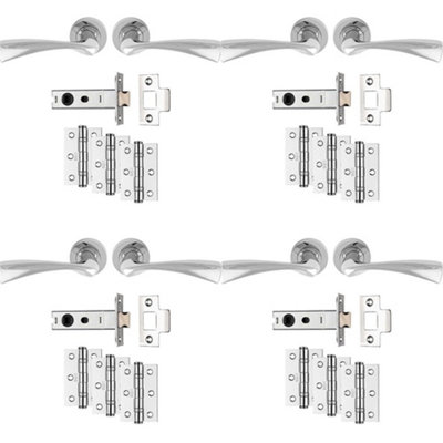 4 PACK - Premium Door Handle & Latch Pack Set- Polished Chrome Curved Flair Lever Round Rose