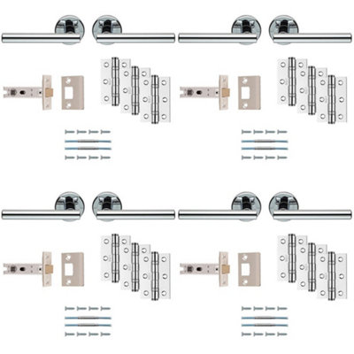 4 PACK - Premium Door Handle & Latch Pack Set- Polished Chrome Straight Bar Lever Round Rose