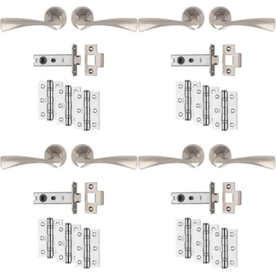 4 PACK - Premium Door Handle & Latch Pack Set- Satin Nickel Curved Flair Lever Round Rose