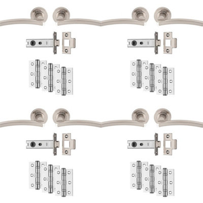 4 PACK - Premium Door Handle & Latch Pack Set- Satin Nickel Slim Curved Lever Round Rose