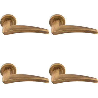 4 PACK - Premium Elegant Curve Door Handle Set - Antique Brass Bar Lever on Round Rose