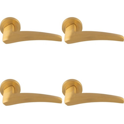 4 PACK - Premium Elegant Curve Door Handle Set - Satin Brass Bar Lever on Round Rose