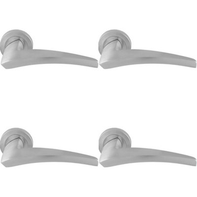 4 PACK - Premium Elegant Curve Door Handle Set - Satin Chrome Bar Lever on Round Rose