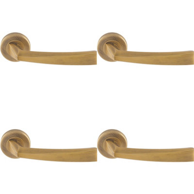 4 PACK - Premium Geometric Slim Door Handle Set - Antique Bass Designer Lever Round Rose
