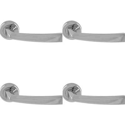 4 PACK - Premium Geometric Slim Door Handle Set Polished Chrome Designer Lever Round Rose