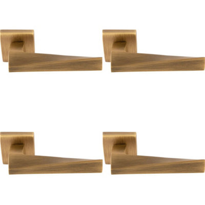 4 PACK - Premium Geomteric Door Handle Set - Antique Brass Angled Lever on Square Rose
