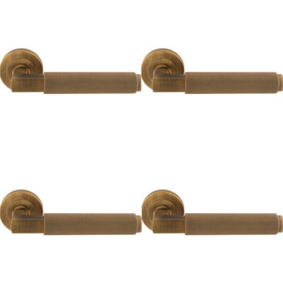 4 PACK - Premium Knurled Door Handle Set - Antique Brass Angled Lever on Round Rose