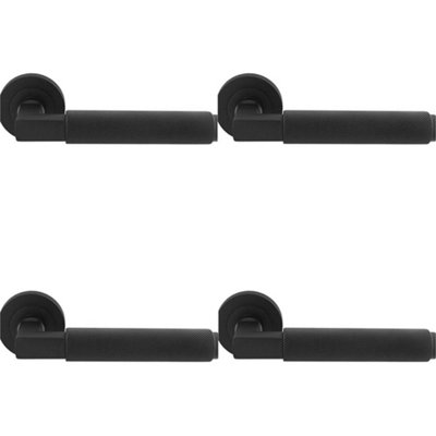 4 PACK - Premium Knurled Door Handle Set - Matt Black Angled Lever on Round Rose