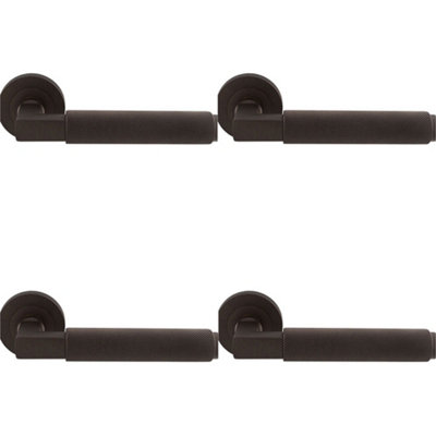 4 PACK - Premium Knurled Door Handle Set - Matt Bronze Angled Lever on Round Rose