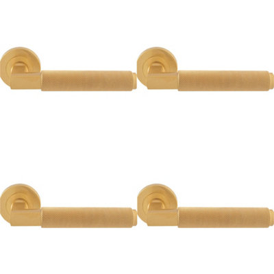 4 PACK - Premium Knurled Door Handle Set - Satin Brass Angled Lever on Round Rose