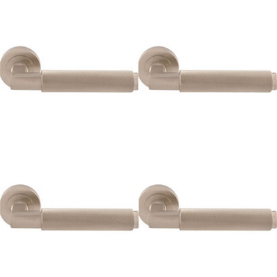 4 PACK - Premium Knurled Door Handle Set - Satin Nickel Angled Lever on Round Rose